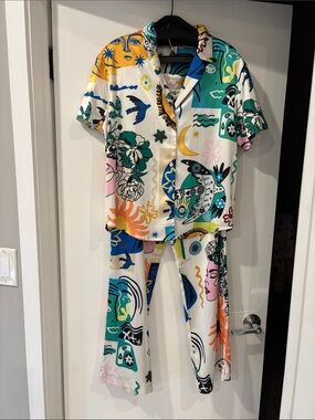 Women's Multicolor Graphic Wide-Leg Pants & Shirt Set
